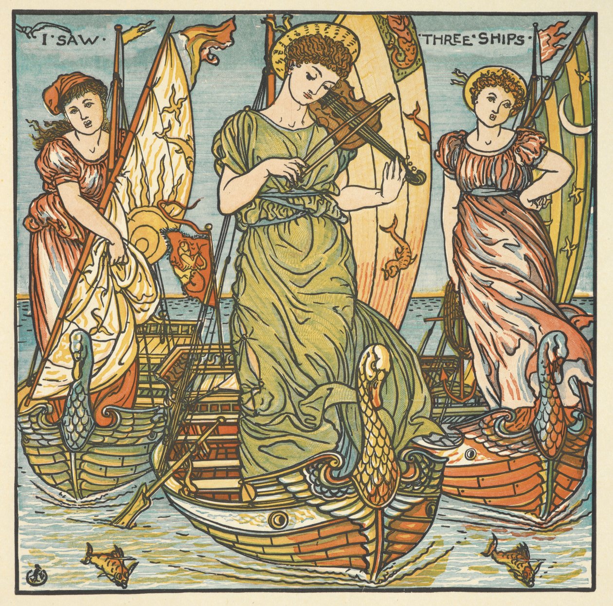 Ilustración en color de "Vi tres barcos". Tres mujeres, una de ellas tocando el violín, de pie sobre barcos. de Walter Crane