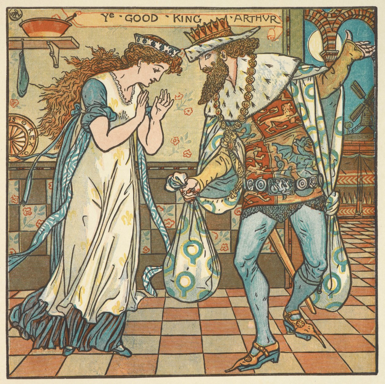Ilustración en color para "El Rey Arturo". El rey Arturo y su reina con un saco de ingredientes para hacer un pudin de ciruelas. de Walter Crane
