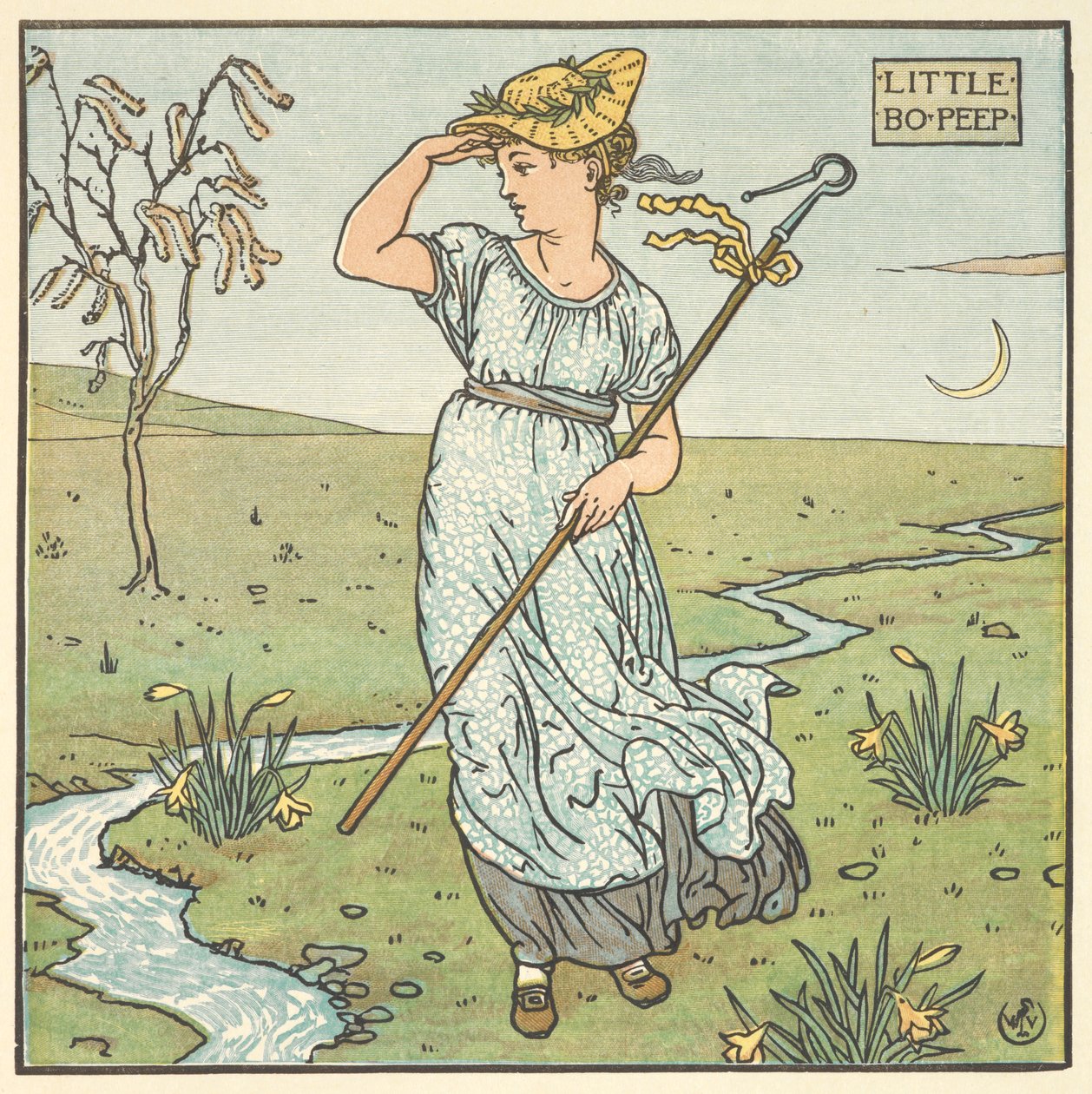Ilustración en color de "Little Boo Peep". de Walter Crane