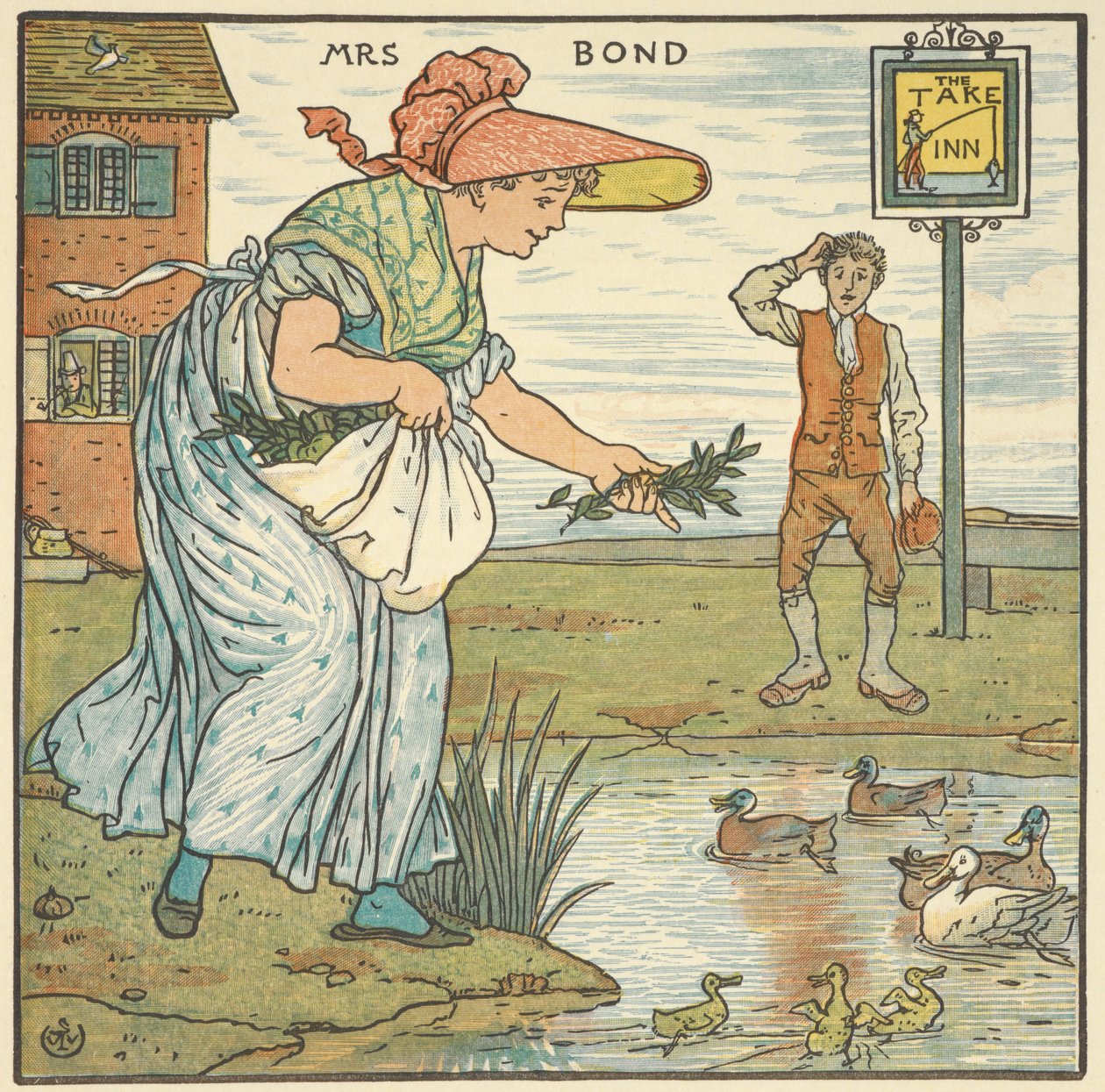 Ilustración en color para "Mrs Bond". Una mujer da de comer a unos patos en una posada. de Walter Crane