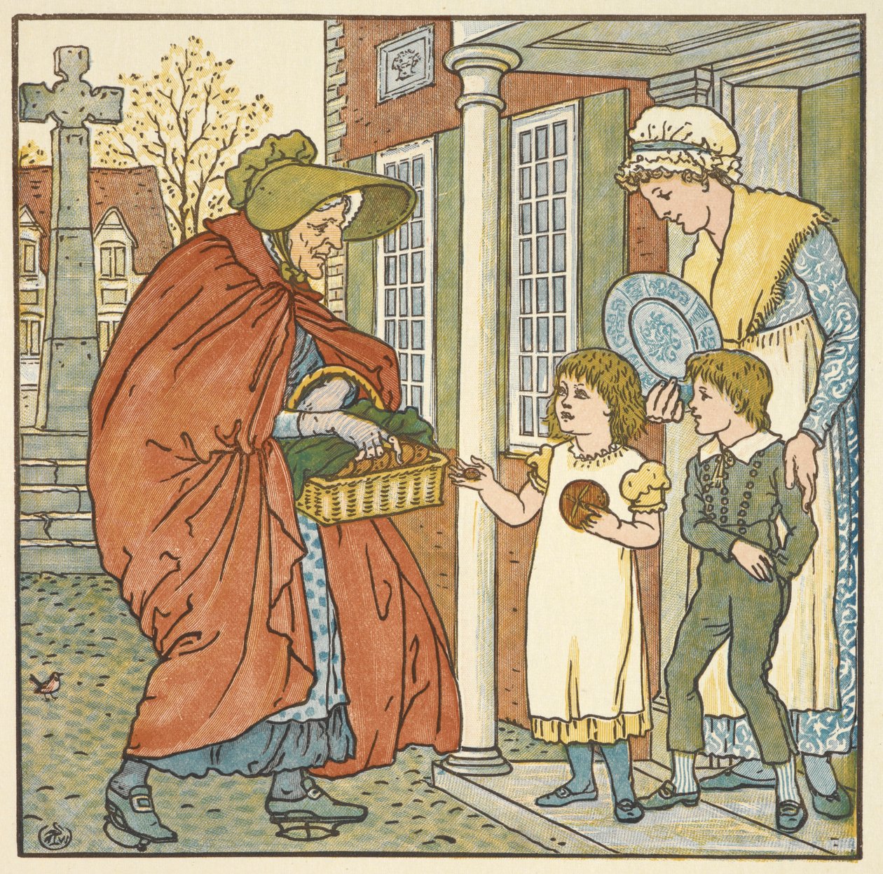 Ilustración en color de bollos calientes. Una anciana da bollos calientes a dos niños. de Walter Crane