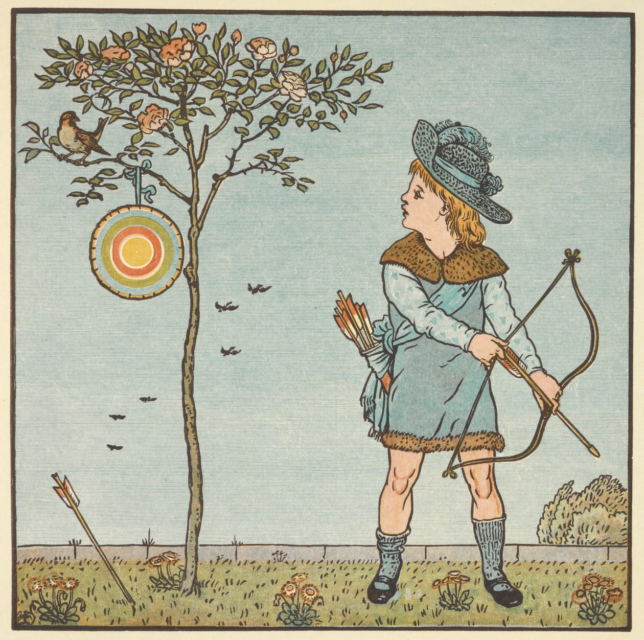 Ilustración en color para "el pequeño gallo gorrión". Un niño con un arco y una flecha, a punto de disparar a un pájaro en un árbol. Una canción infantil. de Walter Crane