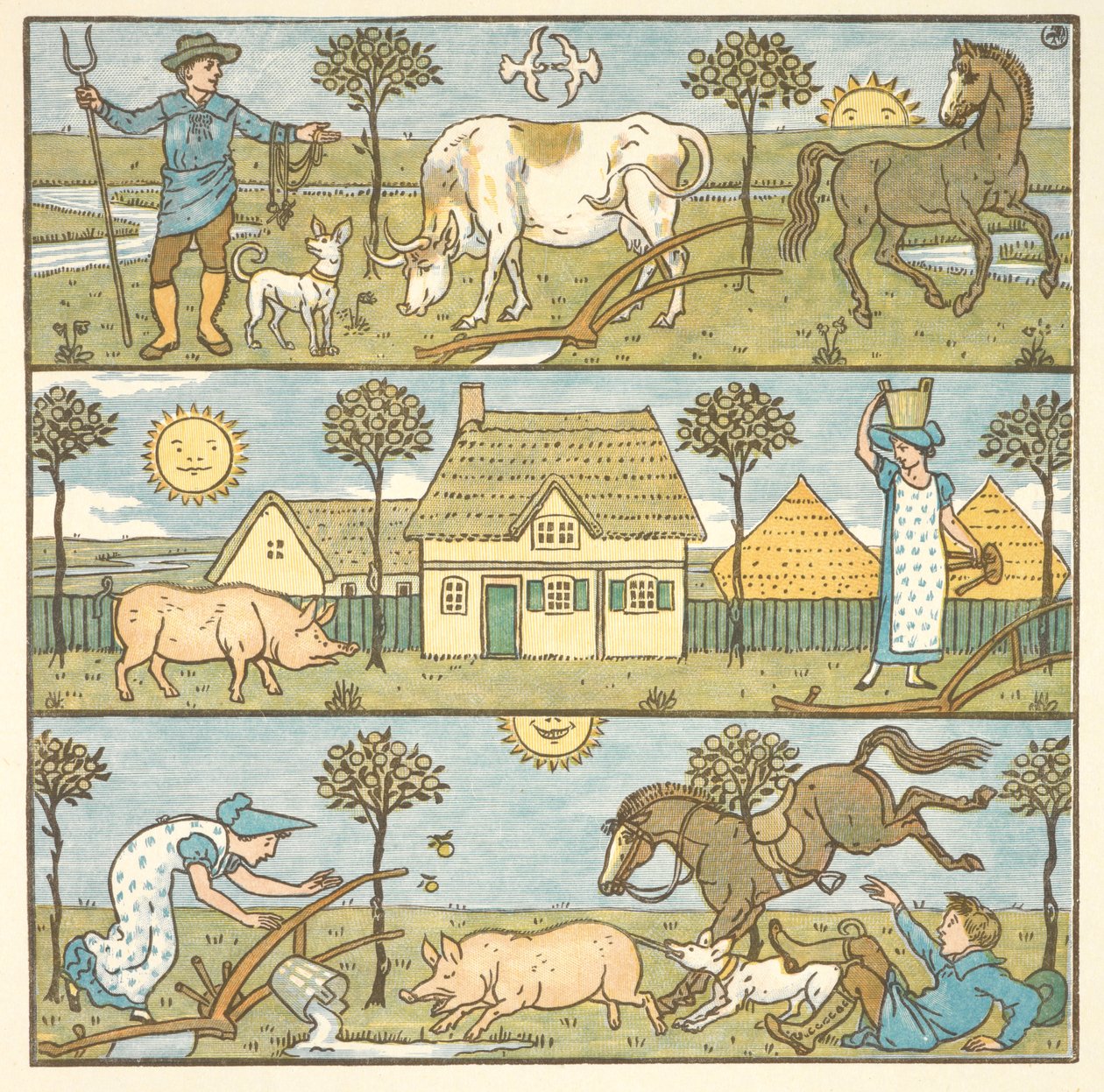 Ilustración en color para "el pequeño desastre". Un granjero, una lechera y varios animales de granja. de Walter Crane