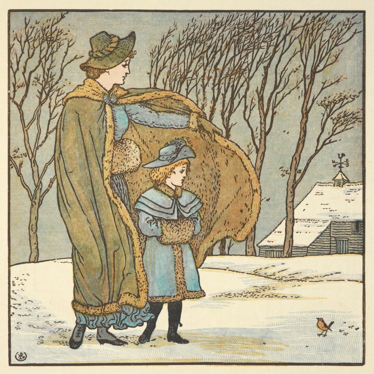 Ilustración en color para "El viento del norte y el petirrojo". Una joven gilr y su madre en un paisaje invernal. de Walter Crane