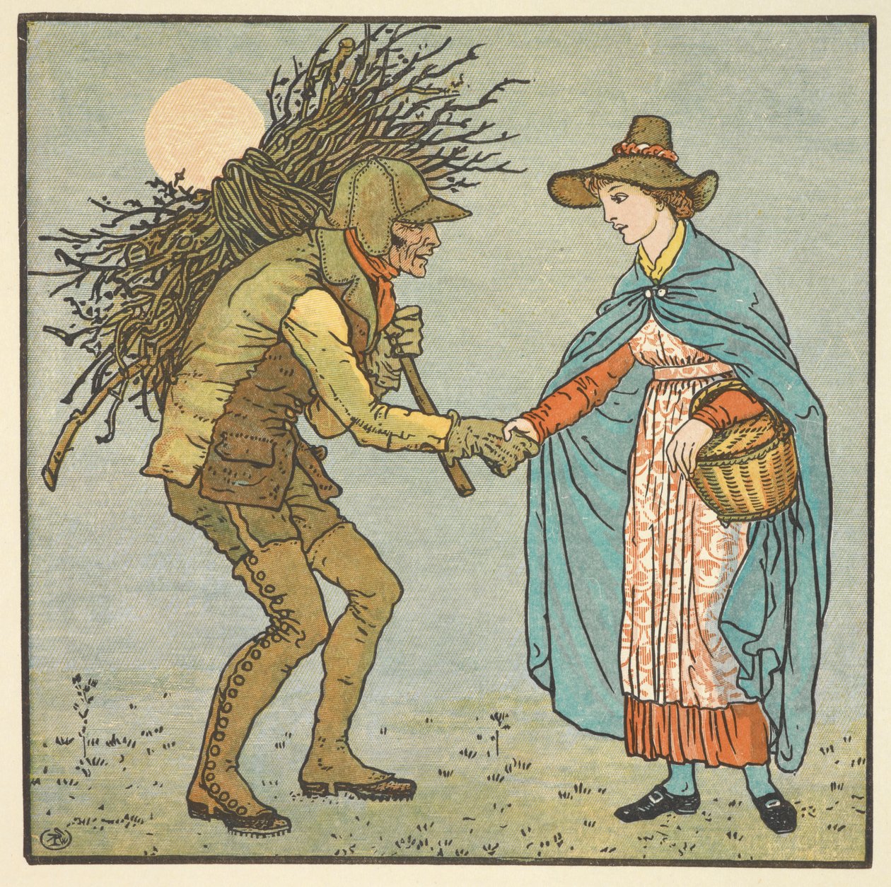 Ilustración en color para "el viejo en cueros". Una joven da la mano a un hombre que lleva un montón de ramitas al hombro. de Walter Crane
