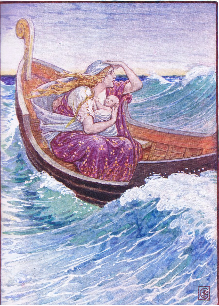 Durante dos días y dos noches el barco fue sacudido de un lado a otro, ilustración de La Historia de Grecia, años 1930 de Walter Crane