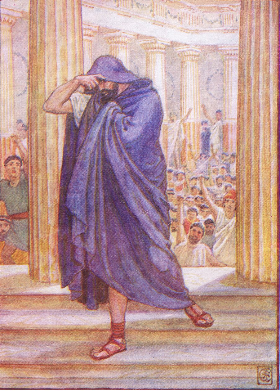 Dejó la Asamblea, escondiendo su rostro en su capa, ilustración de La Historia de Grecia, años 1930 de Walter Crane