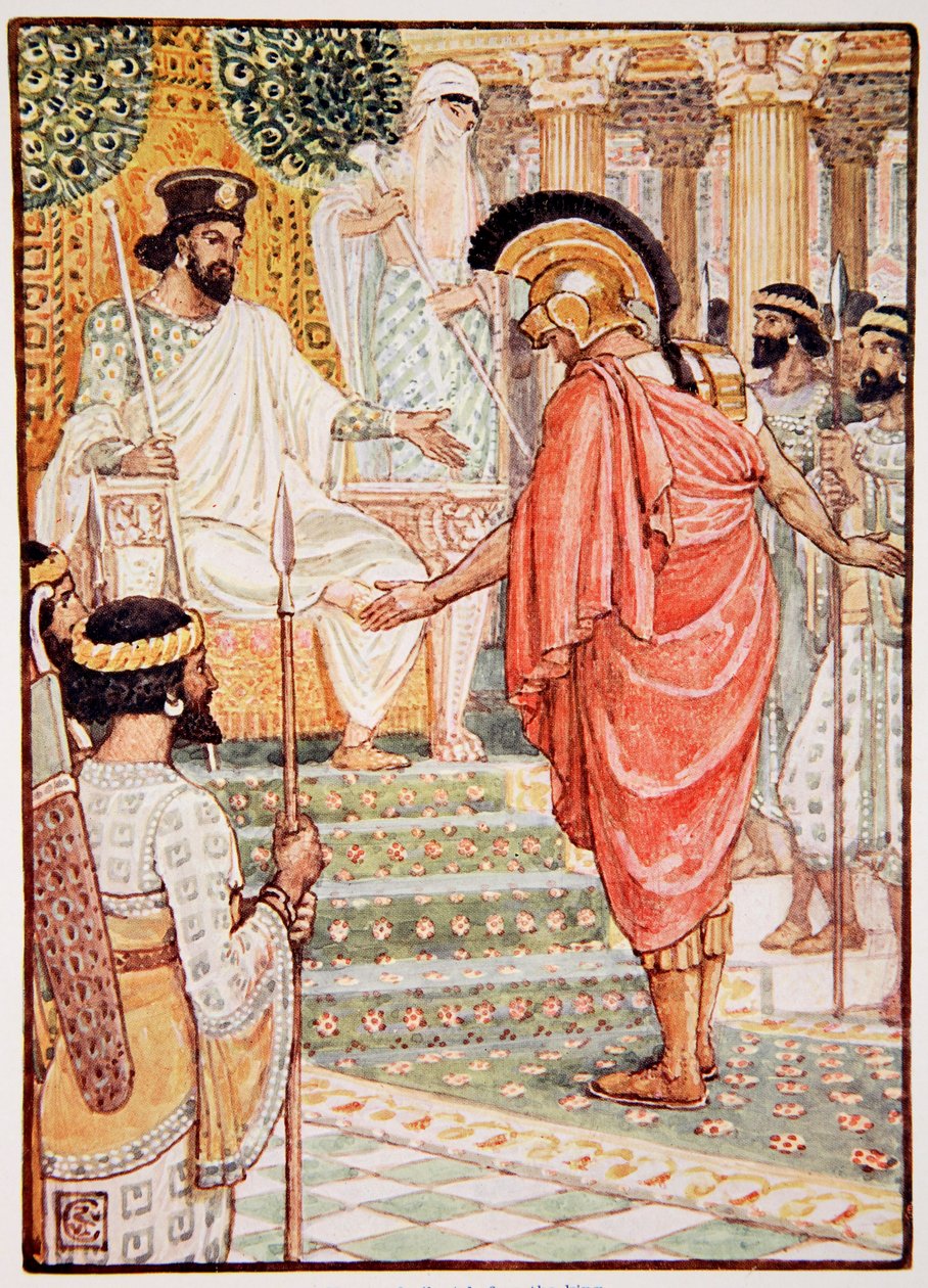 Él permaneció en silencio ante el rey, ilustración de 