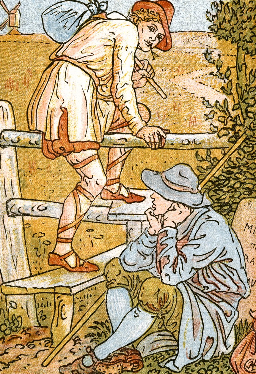 Sigue adelante, sigue adelante, ilustración de canción de Pan-Pipes, Un libro de viejas canciones, recién arregladas y con acompañamientos de Theo. Marzials, publicado en Londres por George Routledge & Sons, 1884 de Walter Crane
