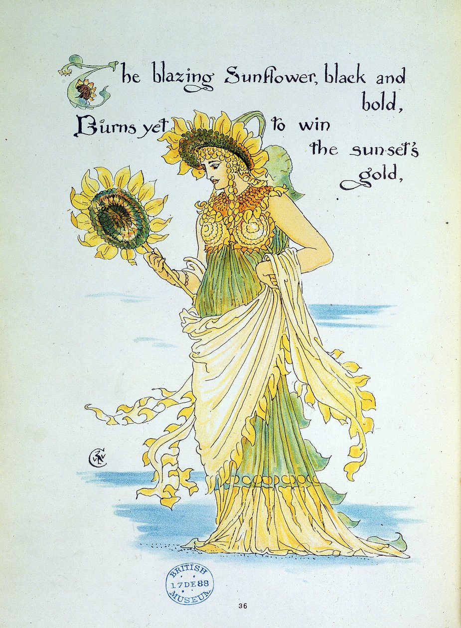 El girasol (sol) personificado en una joven vestida de amarillo y verde. Lámina 36 de "Flora