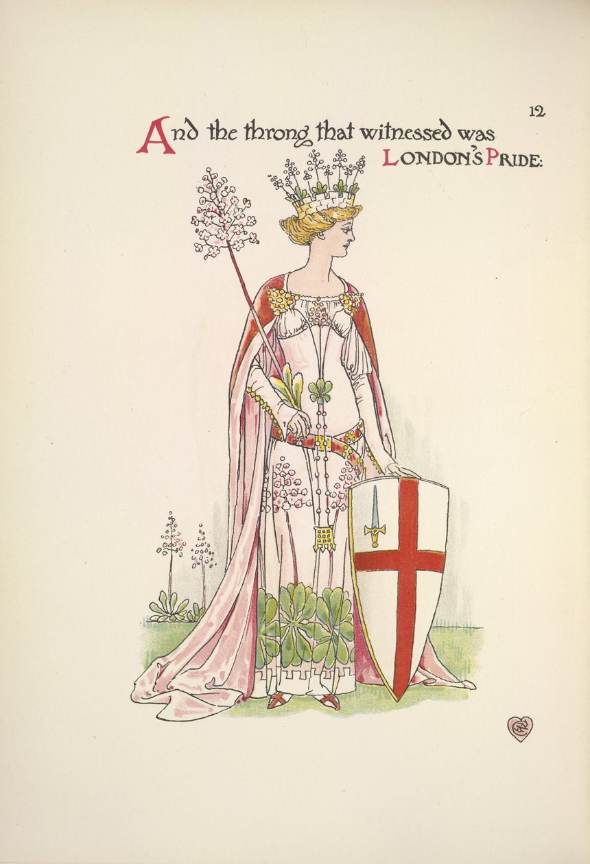 El orgullo de Londres. Una joven sostiene un escudo con la cruz de San Jorge de Walter Crane
