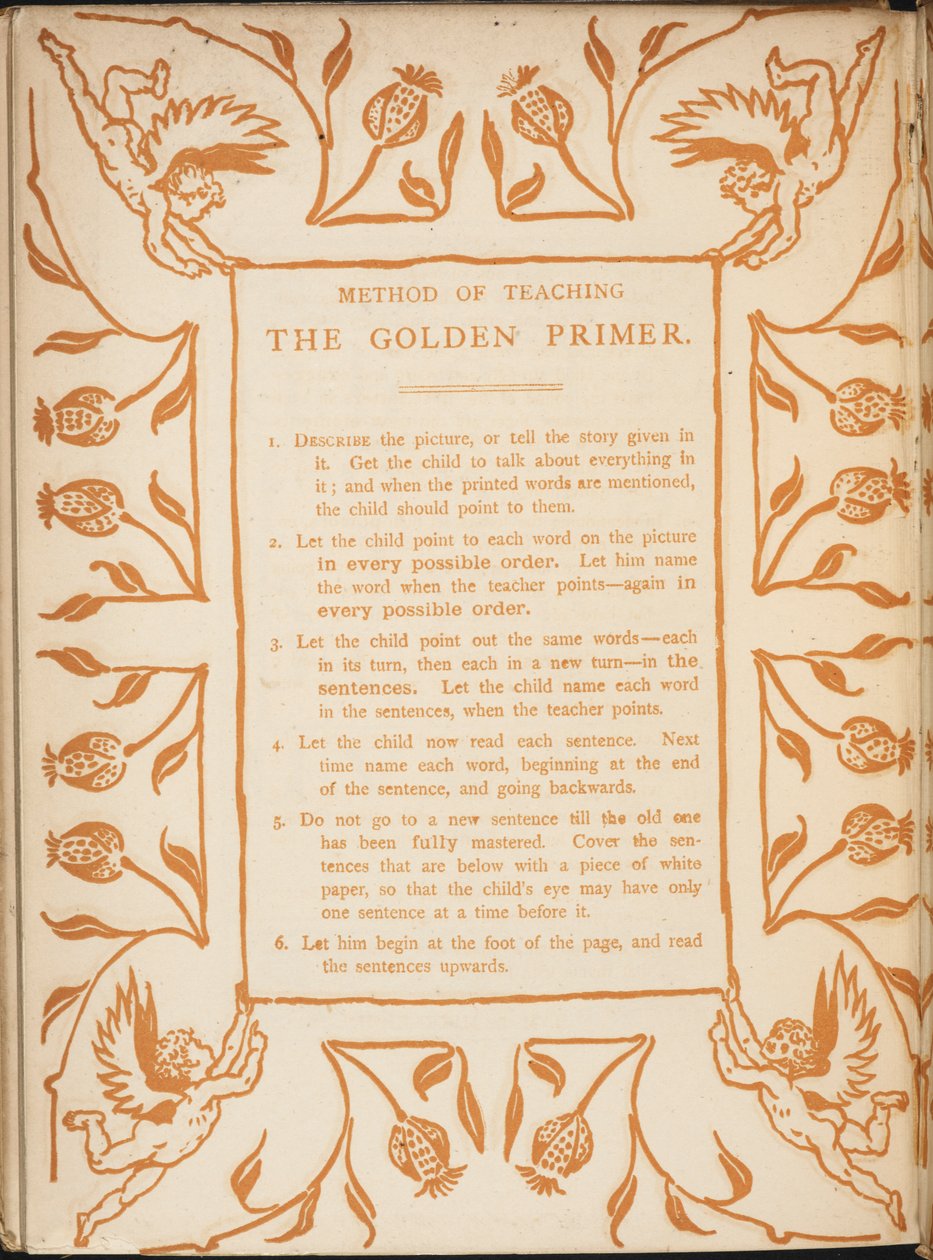 Método de enseñanza de la cartilla dorada. Bordes florales con querubines. de Walter Crane