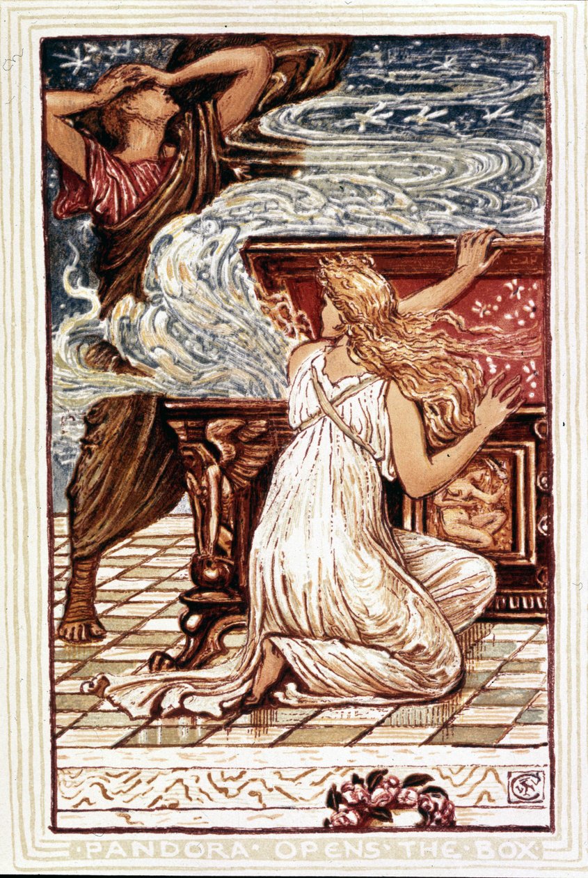 Pandora abriendo la caja. Ilustración de Walter Crane para "Wonder book for girls and boys", Londres 1893. de Walter Crane
