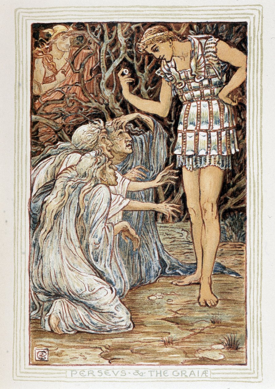 Perseo y las Graias (Beocia, Grecia) - Se encuentra con tres ancianas (¿brujas?) - en “A wonder book for girls and boys” por Walter Crane (1845-1915) de Walter Crane