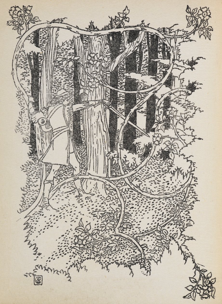 El Príncipe Encantador se abre paso a través del bosque cubierto de maleza hasta la Bella Durmiente. de Walter Crane