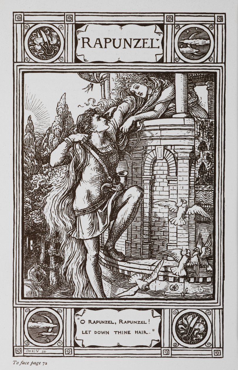 Rapunzel se asoma a la ventana de una torre mientras un príncipe trepa por su pelo. de Walter Crane