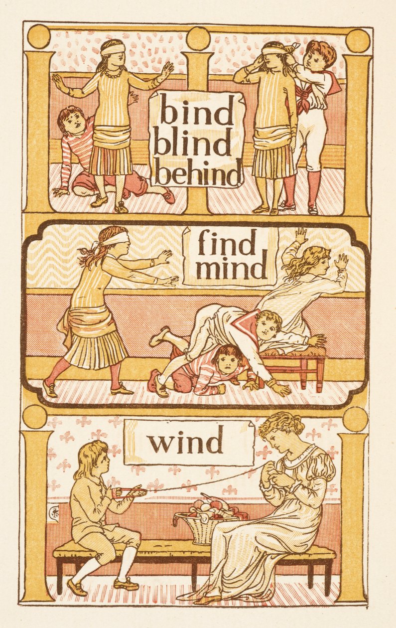 Palabras que riman y acaban en la letra D. Un juego de gallinita ciega. Para ilustrar el uso de la letra i. La cartilla dorada. de Walter Crane