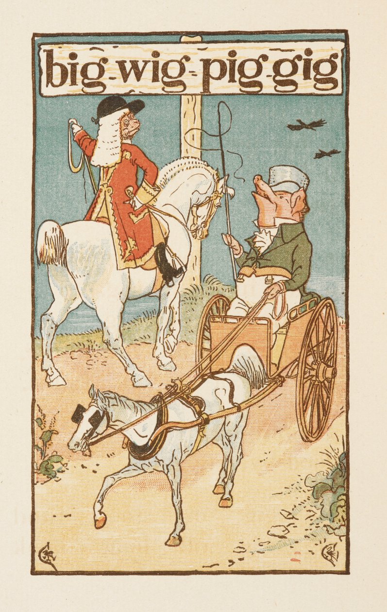 Palabras que riman y acaban en la letra G. Ilustración de un cerdo que monta a caballo y otro que conduce un carro. La cartilla de oro. de Walter Crane
