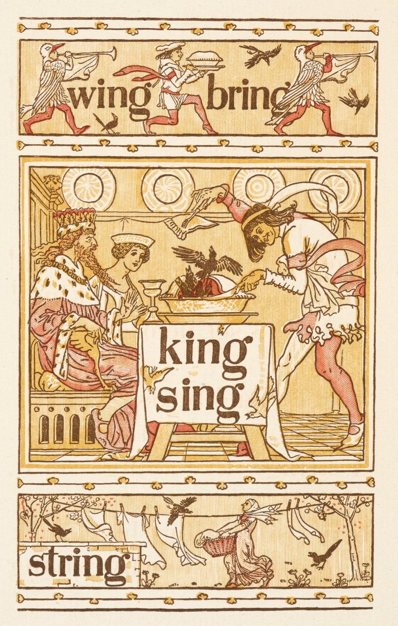 Palabras que riman y acaban en la letra G. Mirlos en una tarta. Un tendedero. La cartilla dorada. de Walter Crane