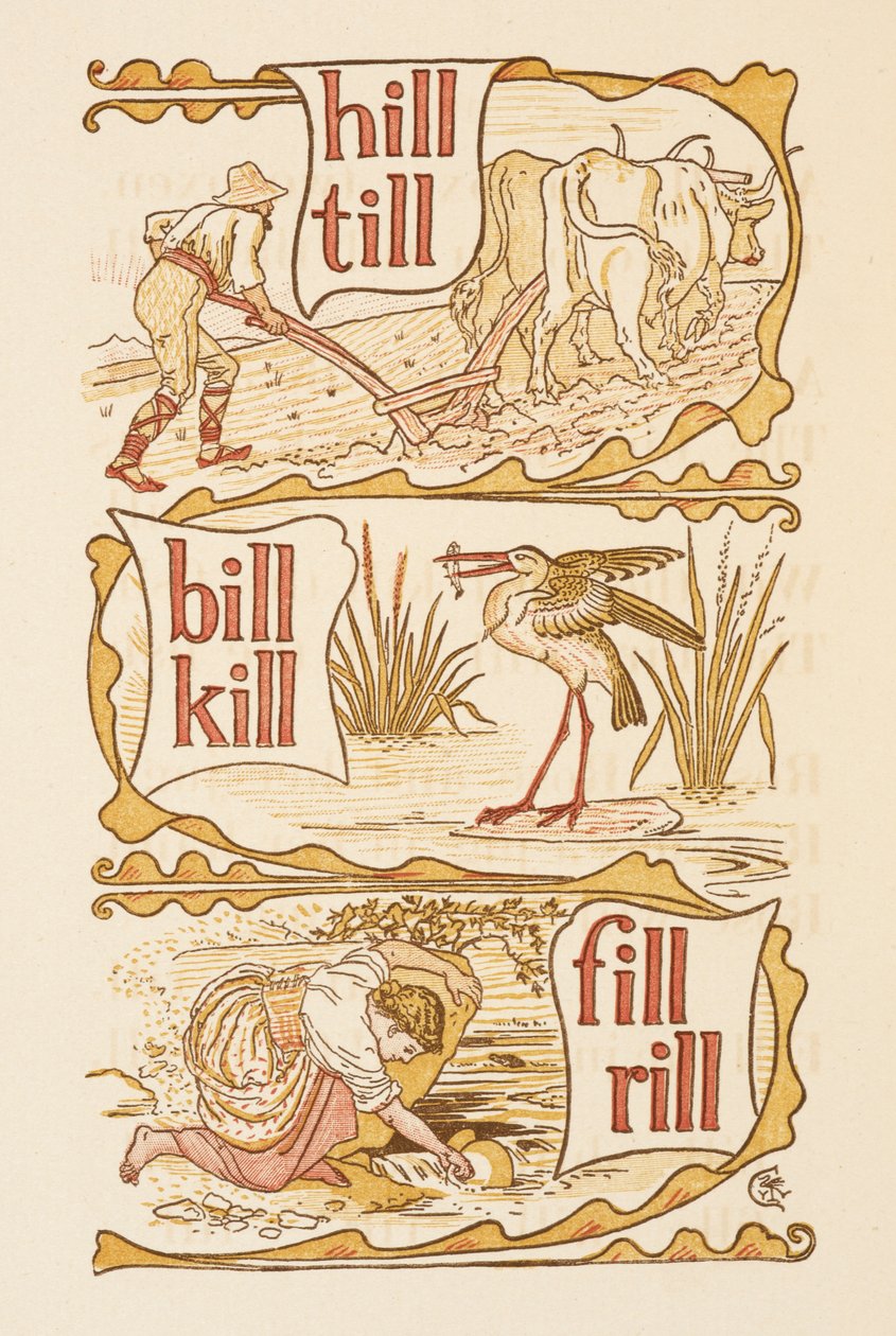 Palabras que riman y acaban en la letra L. Arar. Una cigüeña. La cartilla dorada. de Walter Crane