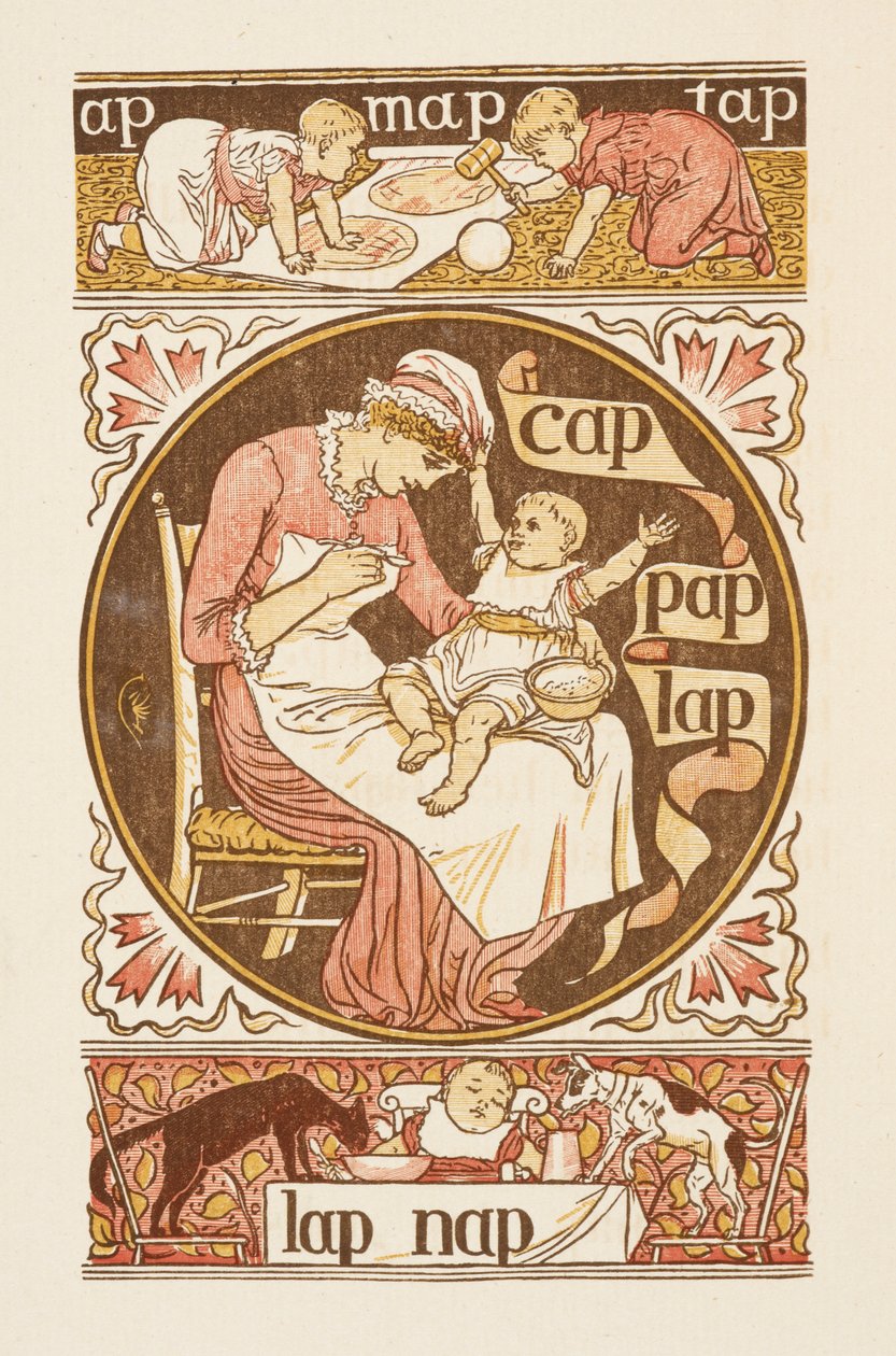 Palabras rimadas que terminan en la letra P. Una ilustración que muestra a una mujer dando de comer a un niño. La cartilla de oro. de Walter Crane