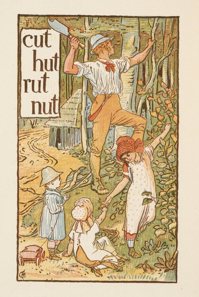 Palabras rimadas que terminan en la letra T. Una ilustración que muestra a un hombre cortando un árbol. Tres niños le acompañan. La cartilla dorada. de Walter Crane