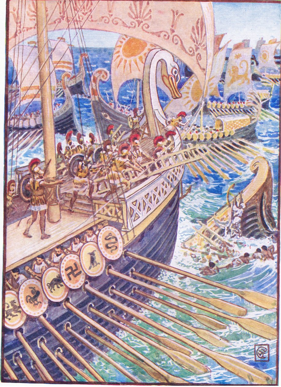 Barco chocó contra barco, hasta que los muertos persas cubrieron el mar como flores, ilustración de La Historia de Grecia, años 1930 de Walter Crane