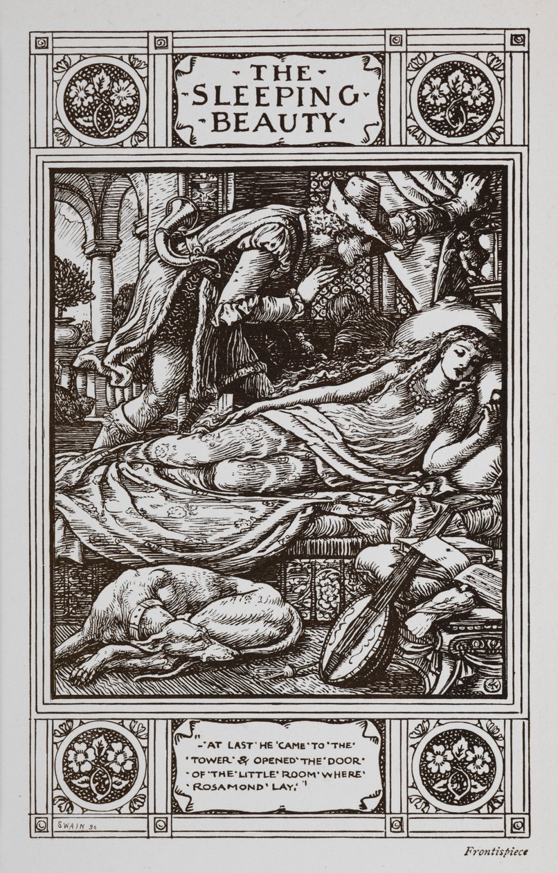 La Bella Durmiente yace dormida rodeada de un perro dormilón y un instrumento musical mientras el Príncipe Encantador vela por ella. de Walter Crane