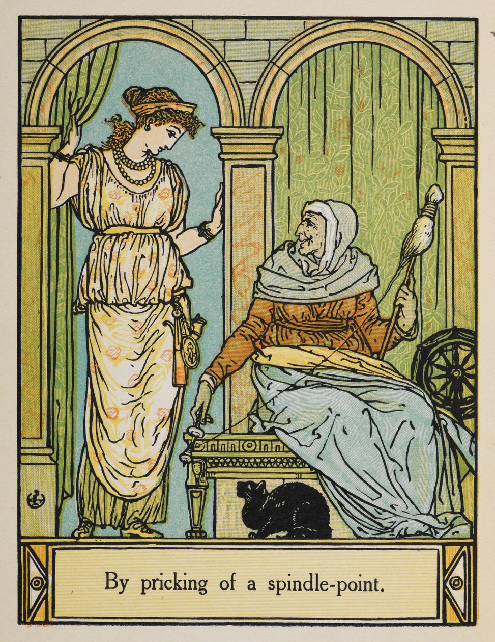 La Bella Durmiente está de pie junto a una anciana con una rueca e hilo. Un gato negro está sentado debajo. de Walter Crane