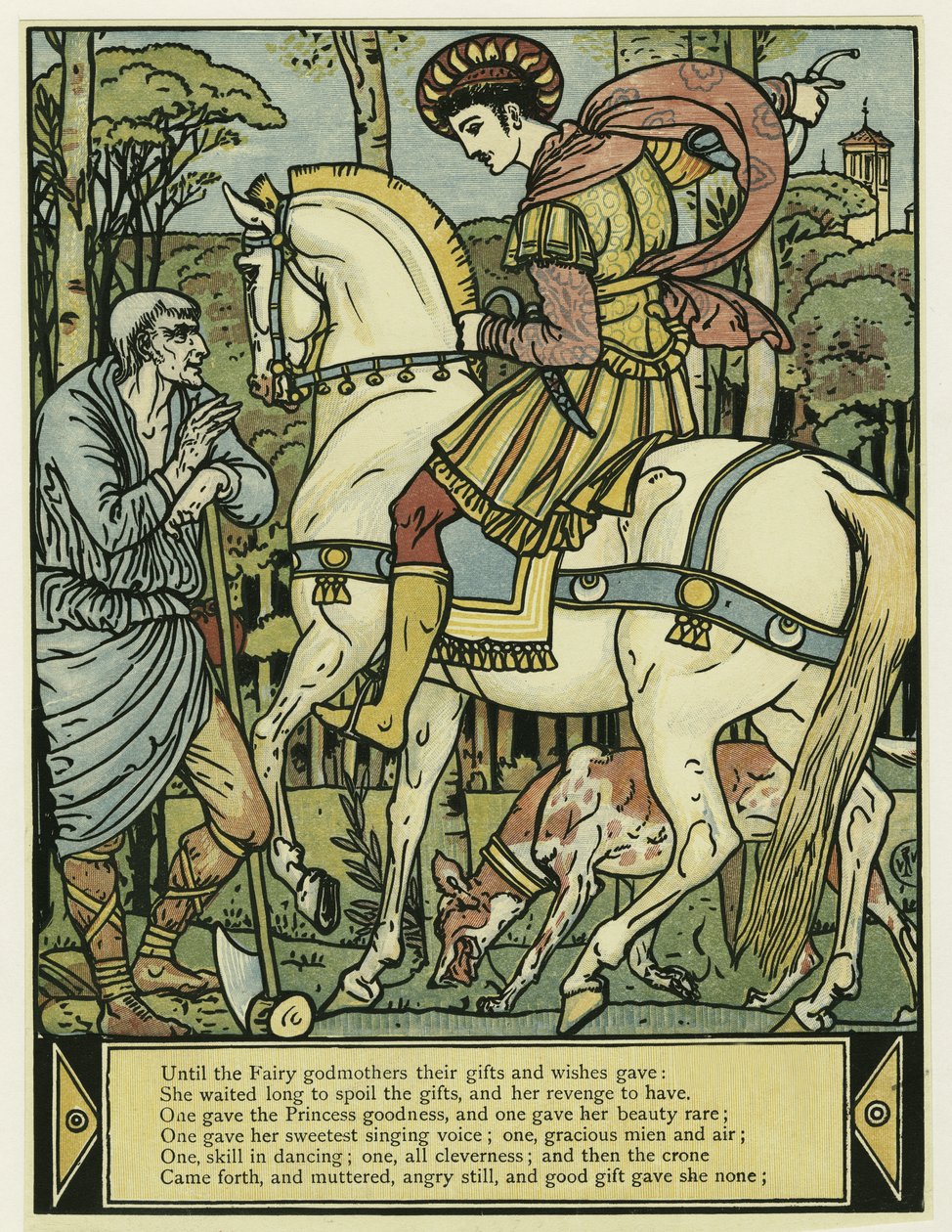 El Príncipe pide direcciones, del Libro de Imágenes de Barba Azul, pub. 1879 de Walter Crane