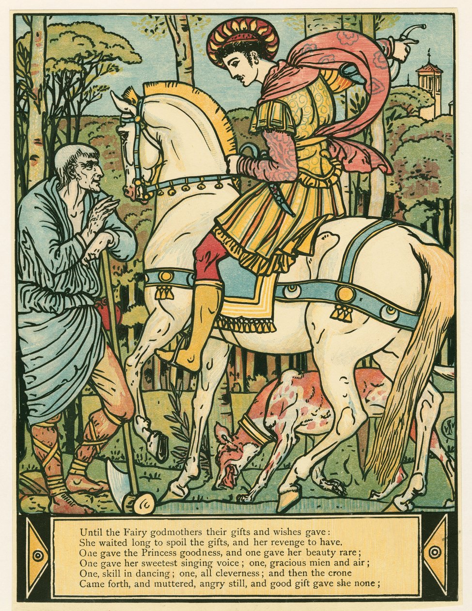 El príncipe pide direcciones, del libro de imágenes de Barba Azul, pub. 1879 de Walter Crane