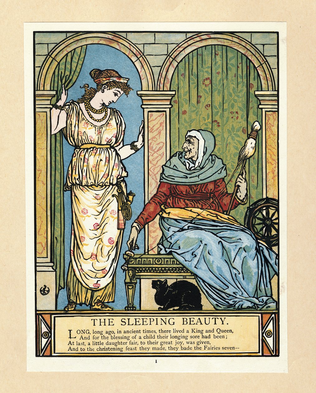 La princesa aprende a hilar, del libro de imágenes de Barba Azul, pub. 1879 (litografía en color) de Walter Crane