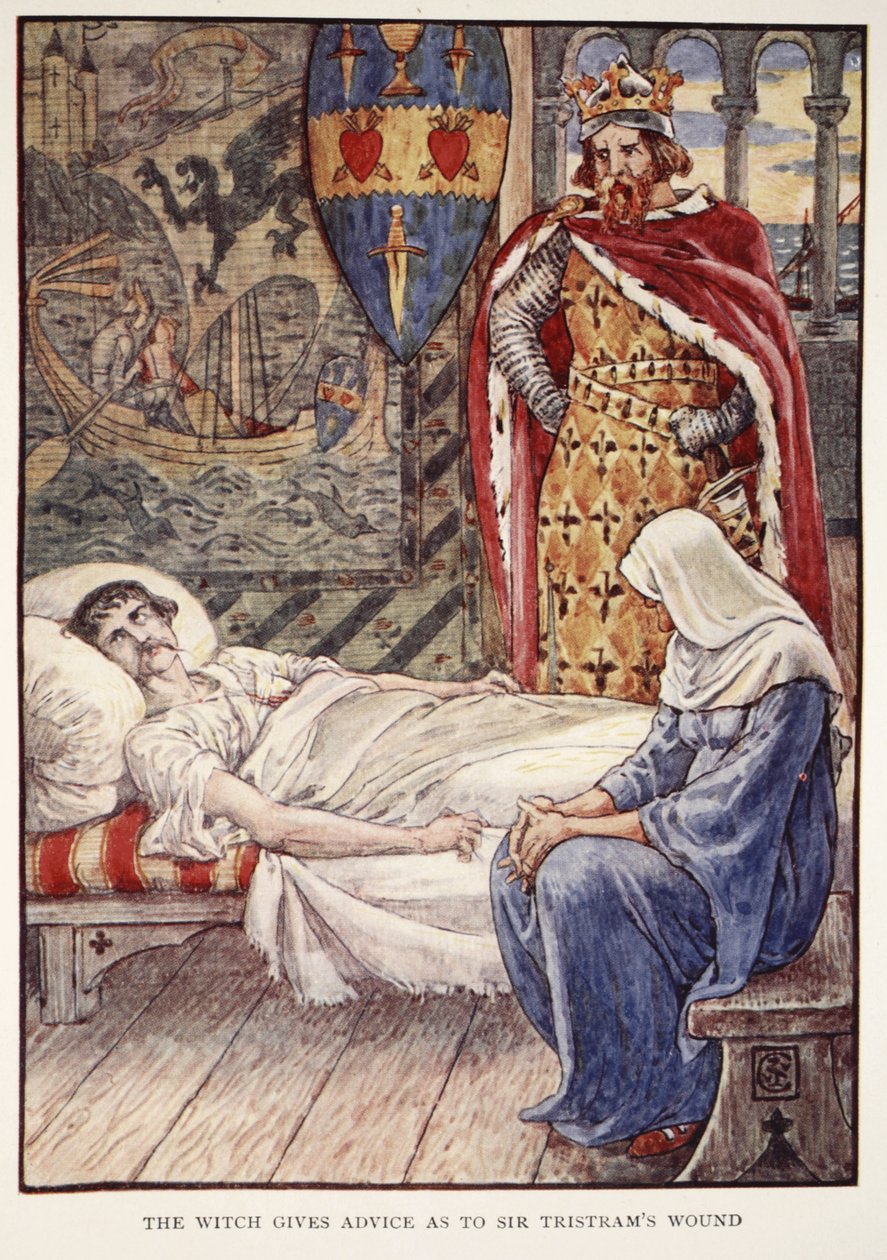 La bruja da consejos sobre la herida de Sir Tristram, de 