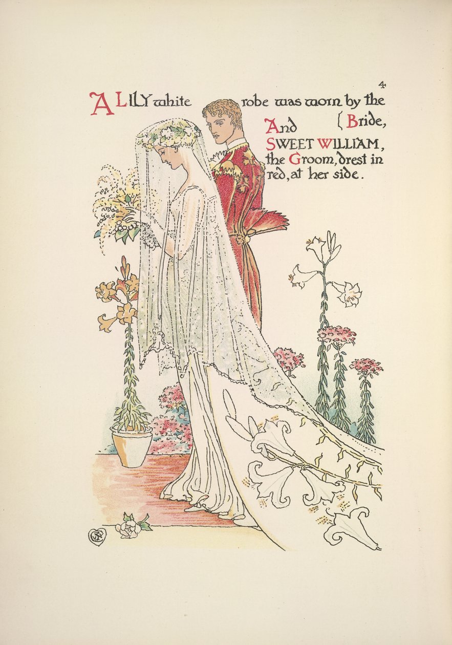 Los novios. Un manto blanco lirio llevado por la novia, y el dulce William, el novio, vestido de rojo. de Walter Crane