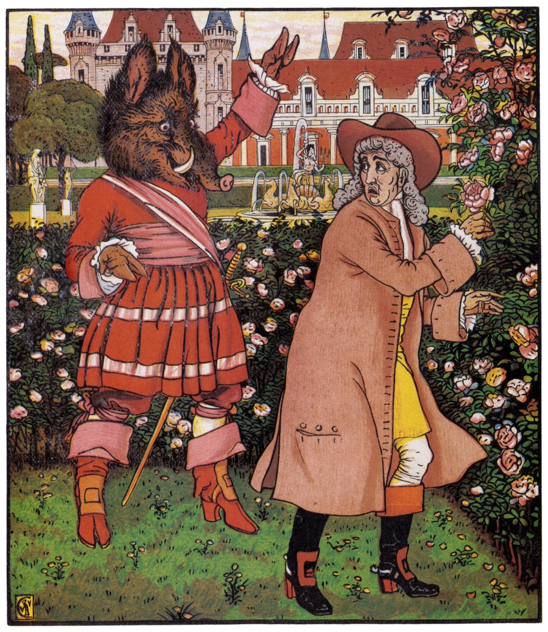 El padre de la bella recoge rosas en el jardín de la remolacha. Ilustración de Walter Crane (1845-1915) en "Beauty and the Bete", Inglaterra. de Walter Crane
