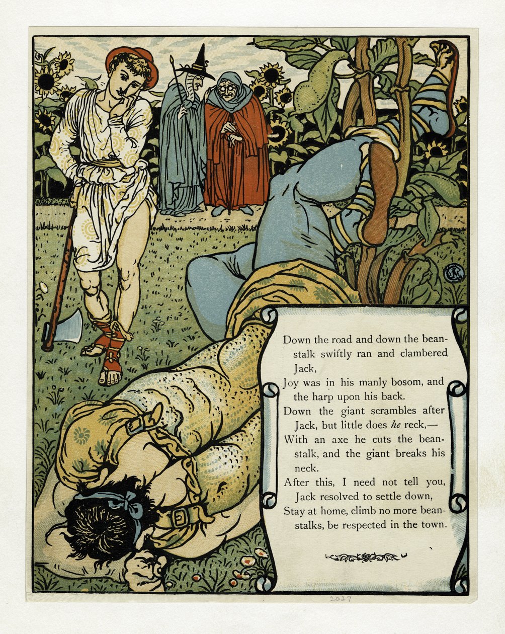 El gigante se rompe el cuello, del libro de imágenes de Barba Azul, pub. 1879 (litografía en color) de Walter Crane
