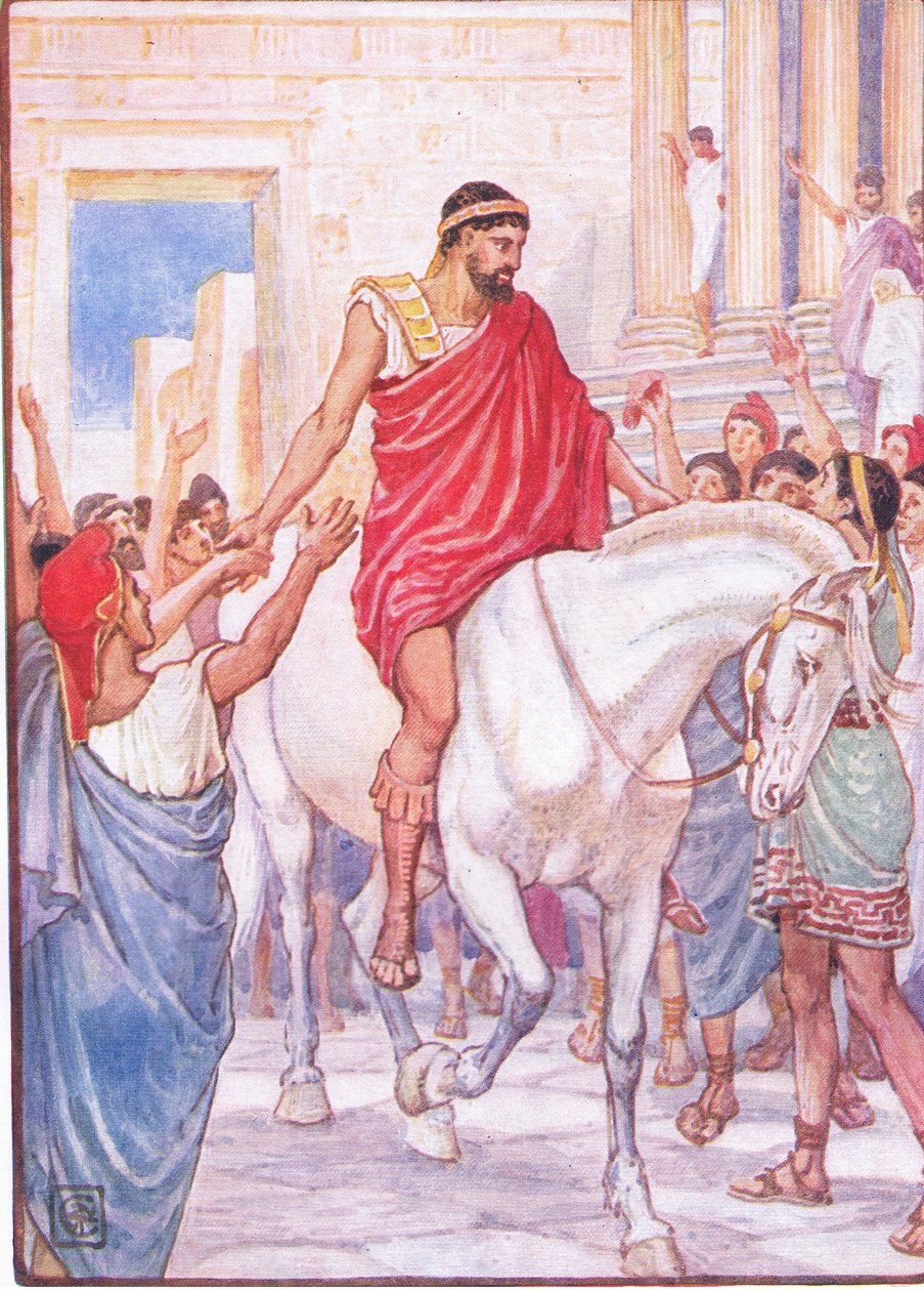 La multitud lo saludó con fuertes aclamaciones, ilustración de La Historia de Grecia, años 1930 de Walter Crane