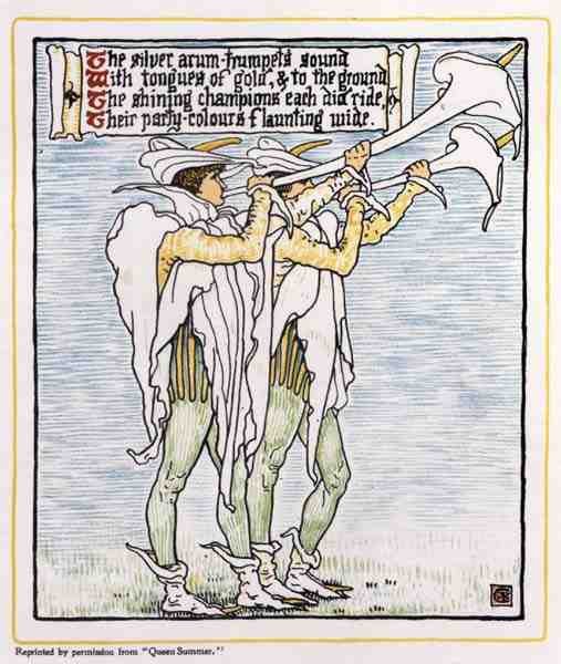 Trompetistas con lirios, de Queen Summer de Walter Crane