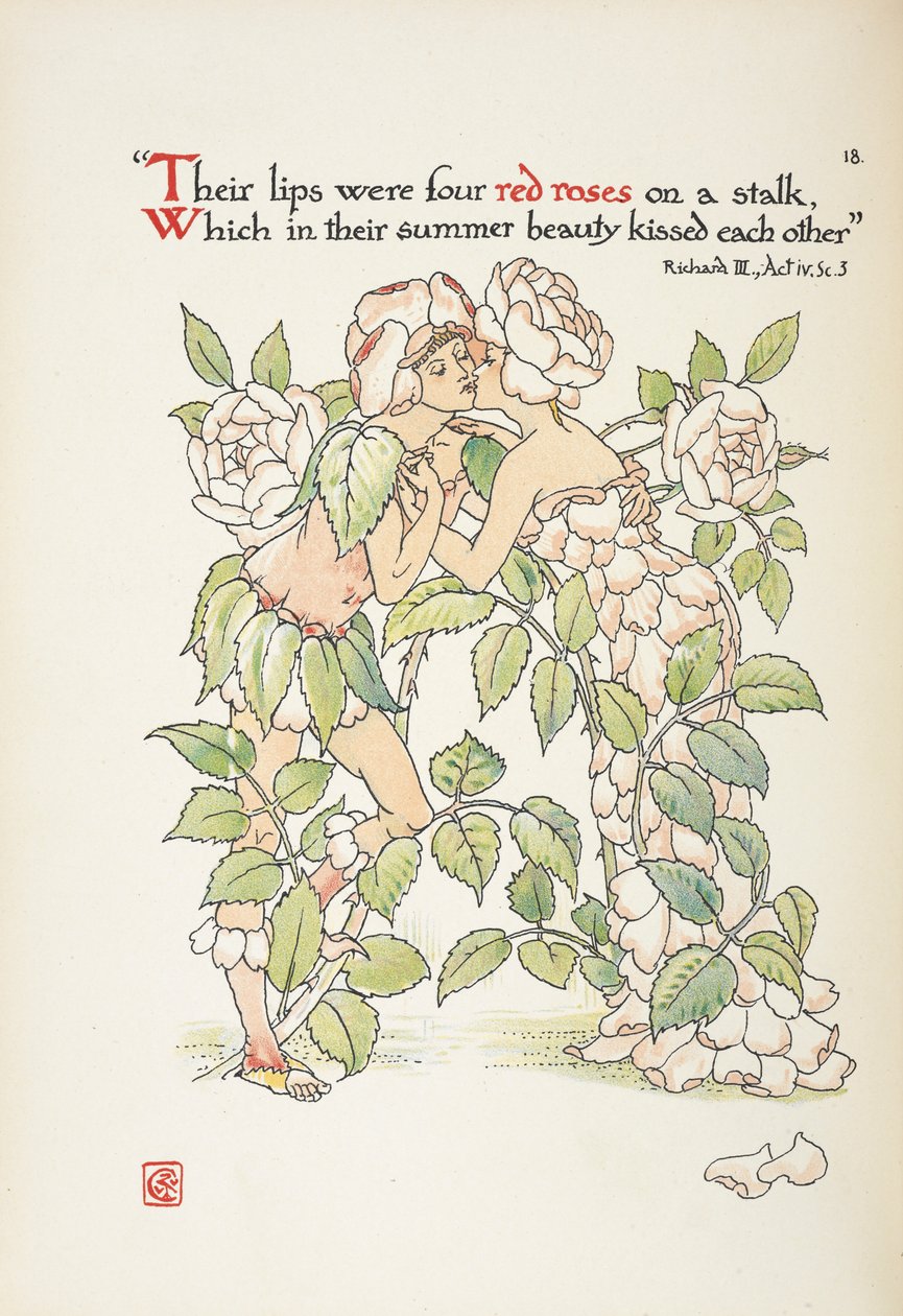 Dos figuras besándose vestidas de rosas de Walter Crane