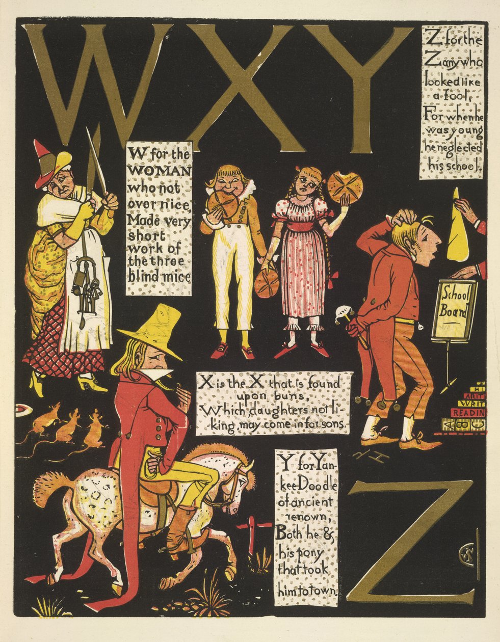 WXYZ- W para la mujer que no era demasiado agradable; X es la X que se encuentra en los bollos; Y para yankee doodle; y Z para el zany que parecía un tonto de Walter Crane