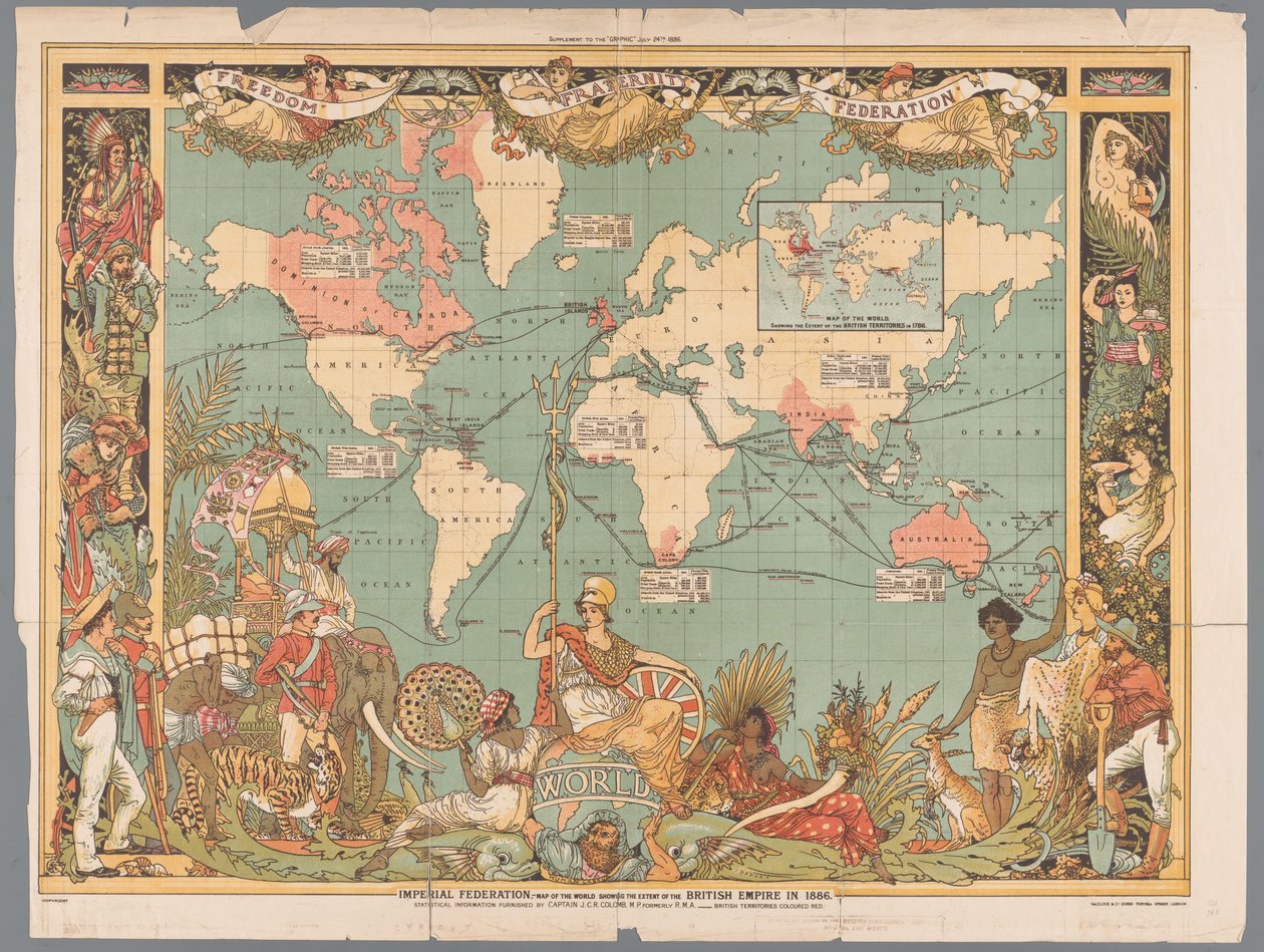 Mapa mundial que muestra el Imperio británico colonial, 1886 Federación Imperial, mapa del mundo que muestra la extensión del Imperio Británico en 1886 (título sobre el objeto) de Walter Crane