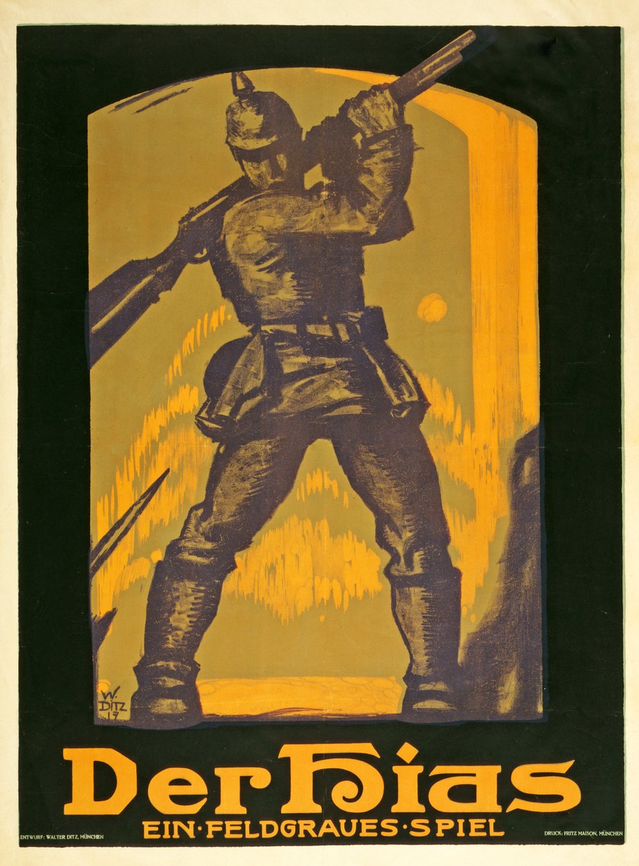 Póster anunciando una obra Der Hias, ein feldgraues Spiel por Heinrich Gilardone, publicado 1917 de Walter Ditz