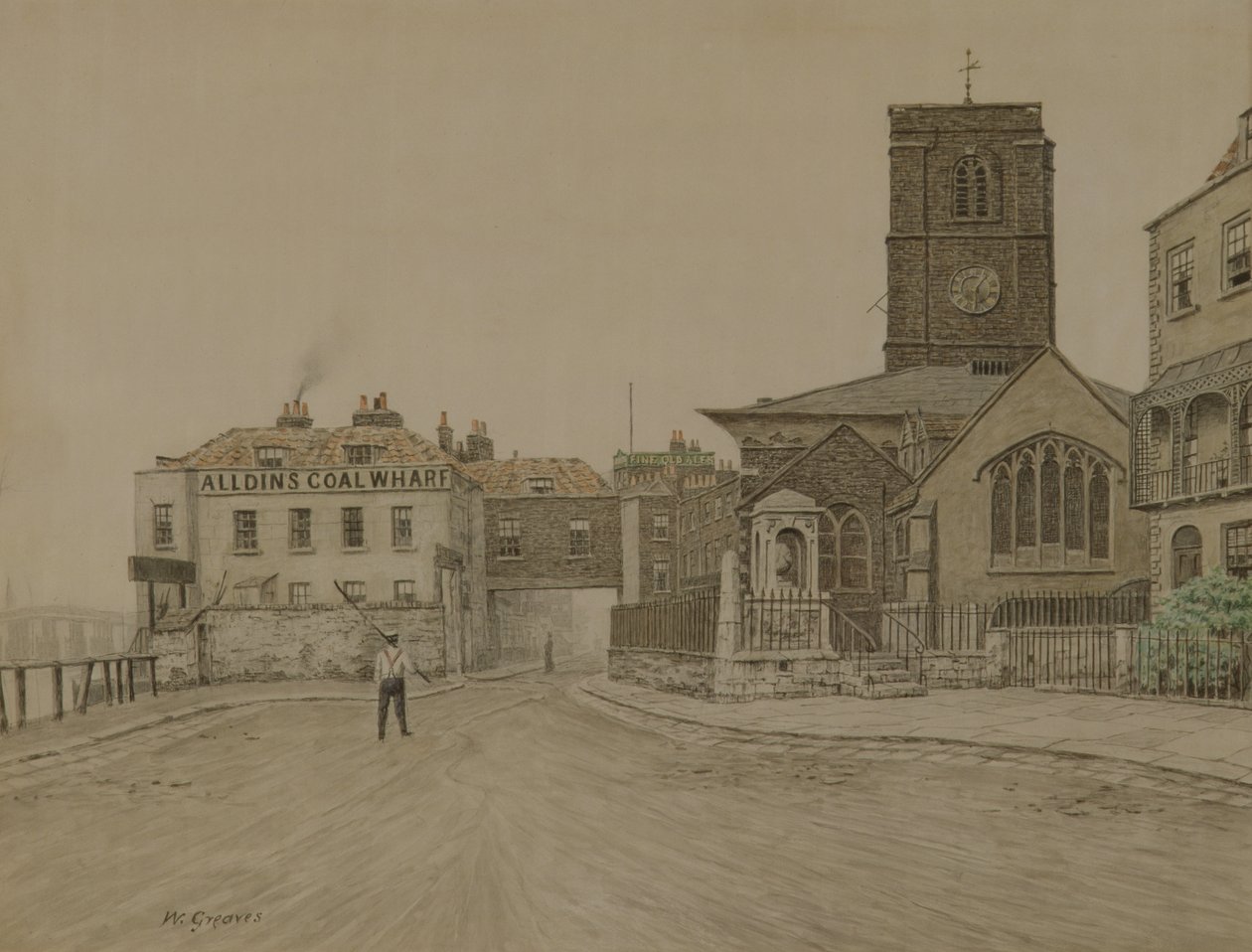 Muelle de carbón de Alldins y la vieja iglesia de Chelsea, Londres de Walter Greaves