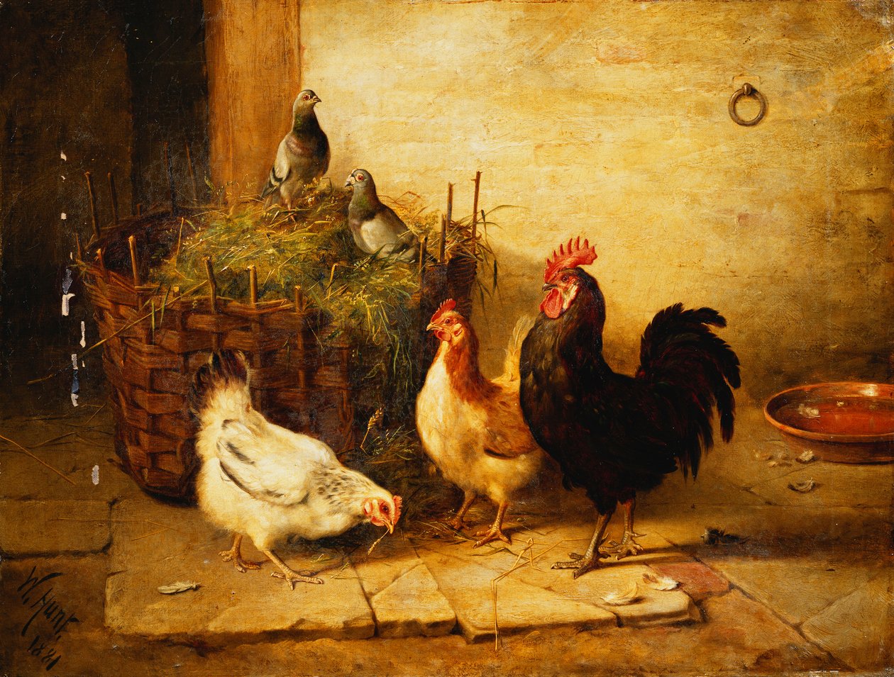 Aves de Corral y Palomas en un Interior de Walter Hunt