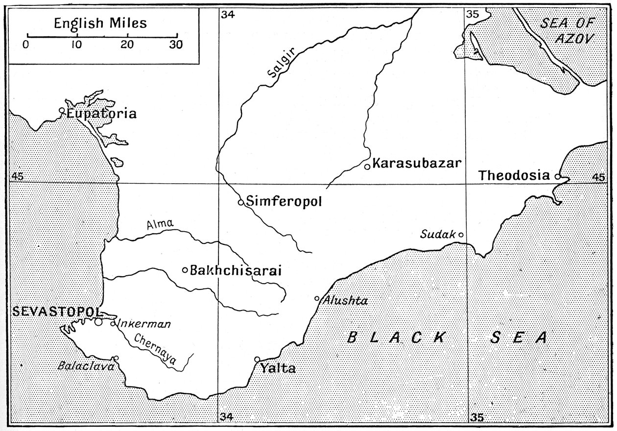 Mapa del área donde se libró la Guerra de Crimea en la década de 1850, c1920 de Walter Hutchinson