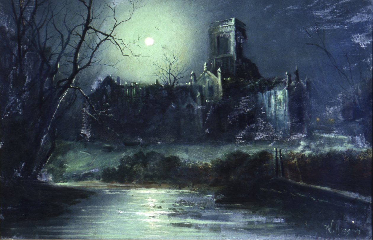 Kirkstall Abbey by Moonlight (óleo sobre lienzo) de Walter Linsley Meegan