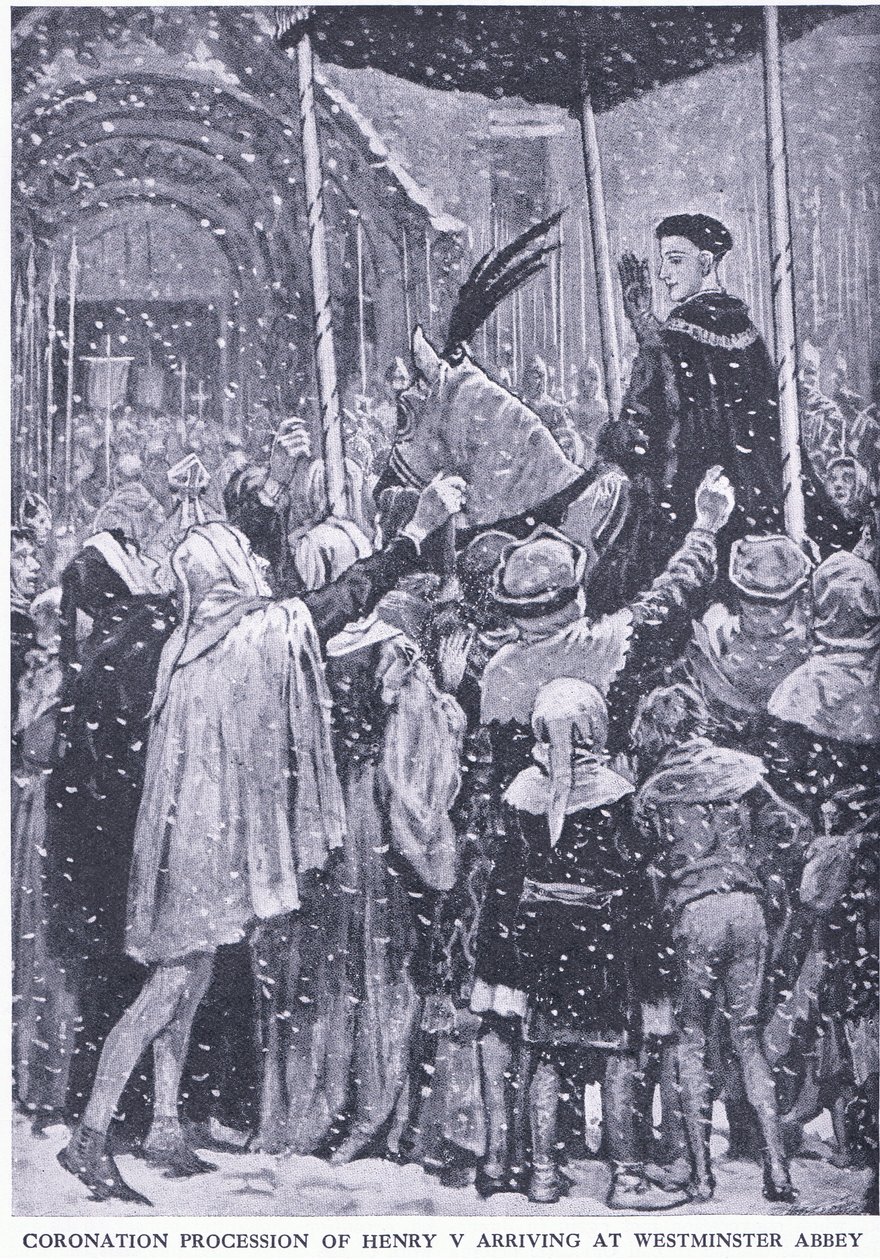 Procesión de coronación de Enrique V llegando a la Abadía de Westminster 1413, de Cassells History of the British People publicado por la Waverley Book Company Limited, c.1940 de Walter Paget