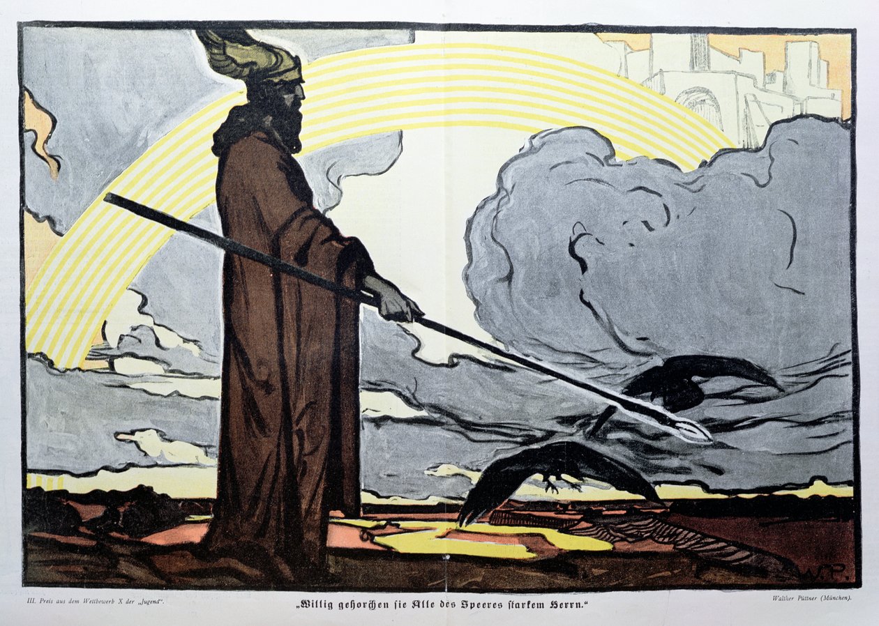 Odín con sus dos cuervos, Hugin (pensamiento) y Munin (recuerdo) de Walter Puttner