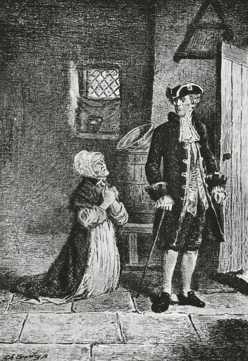 Elspeth y Lord Glenallan, ilustración para Antiquary, novela histórica de Walter Scott (1771-1832), grabado de Walter Scott