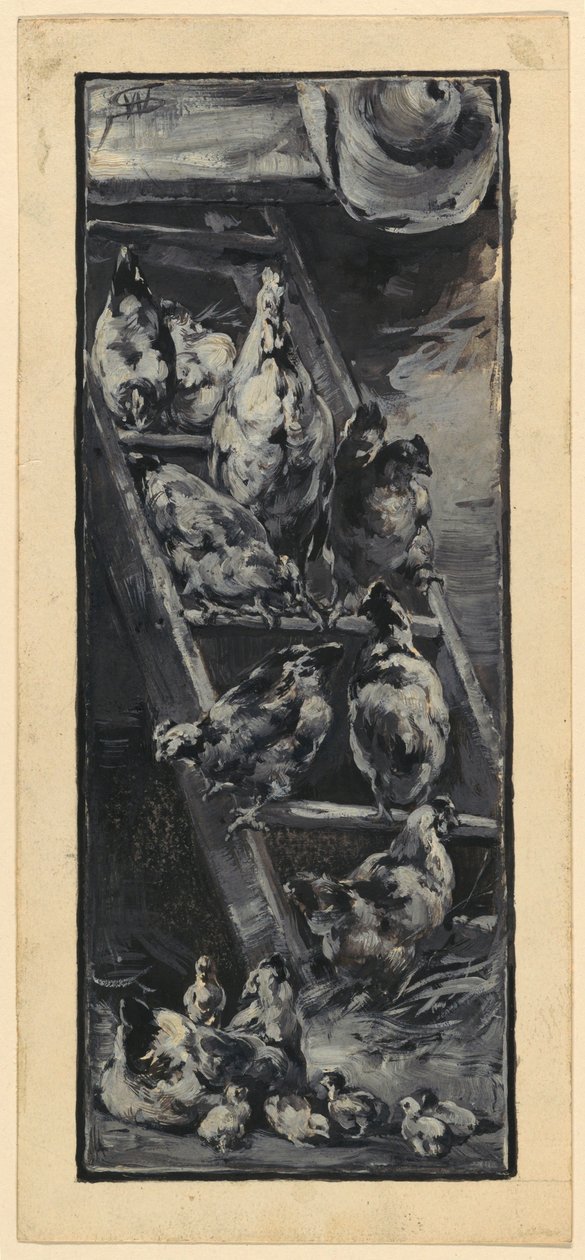 Gallo y gallinas de Walter Shirlaw